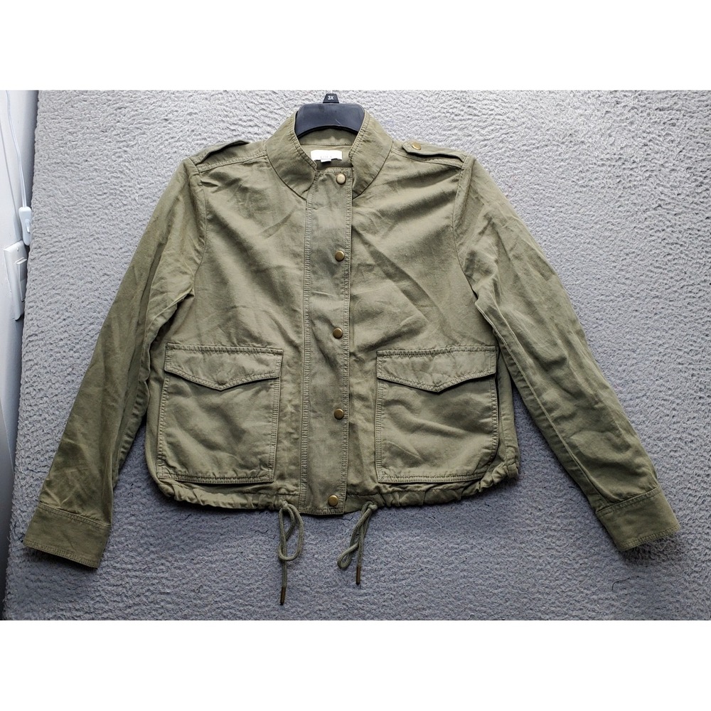 LOFT Military Jacket Womens Large Green Long Sleeve Snap Front Drawstring Hem